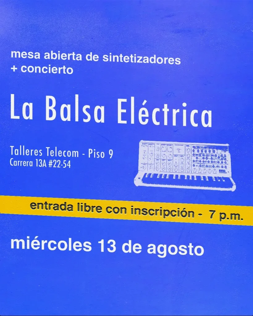 Cartel del evento La Balsa Eléctrica, mesa abierta de sintetizadores y concierto en Talleres Telecom.