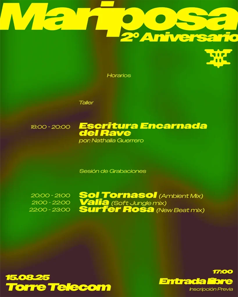 Flyer del 2do aniversario de Mariposa Colectivo con programación de talleres y sesiones de grabación en Torre Telecom.