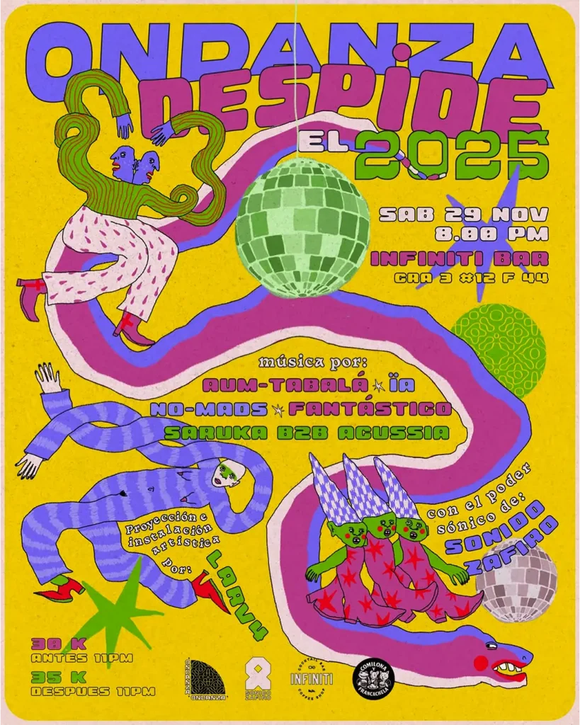 Flyer psicodélico para el evento Ondanza Despide el 2025 en Infiniti Bar con el poder sónico de Sonido Zafiro.