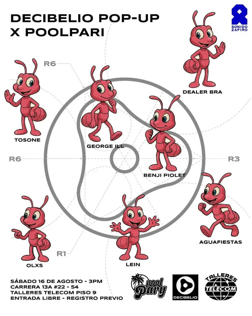 Gráfica de personajes de hormigas para el evento Decibelio Pop-Up x Poolpari en Talleres Telecom.