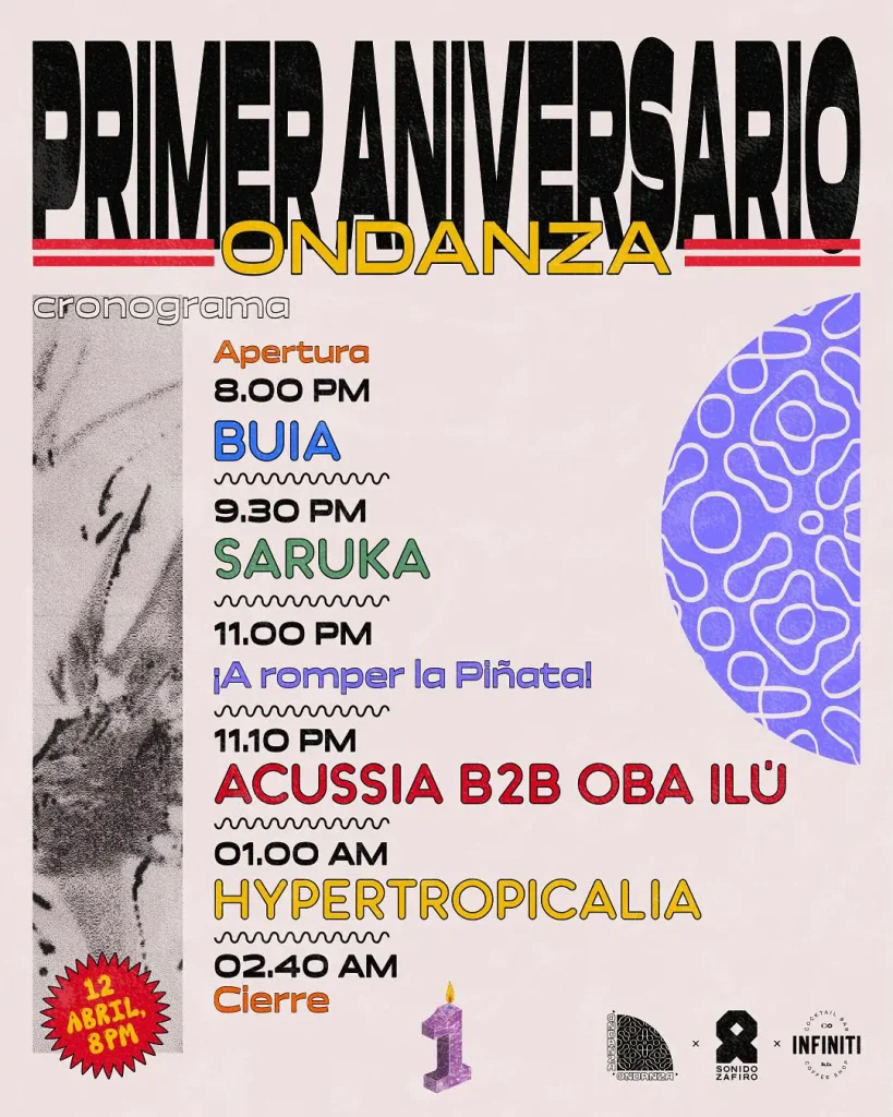 Flyer psicodélico para el evento Ondanza Despide el 2025 en Infiniti Bar con el poder sónico de Sonido Zafiro.