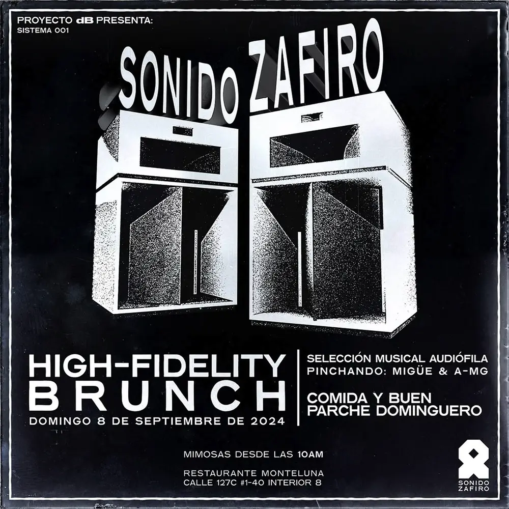 Ilustración técnica de las torres Sonido Zafiro para el evento High-Fidelity Brunch en Restaurante Monteluna.