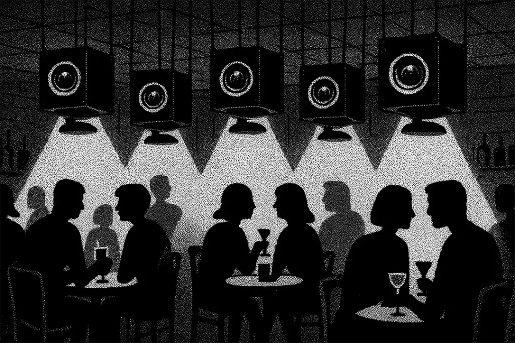 Instalación de parlantes WAW High Fidelity Boombox en un bar moderno, diseño brutalista.