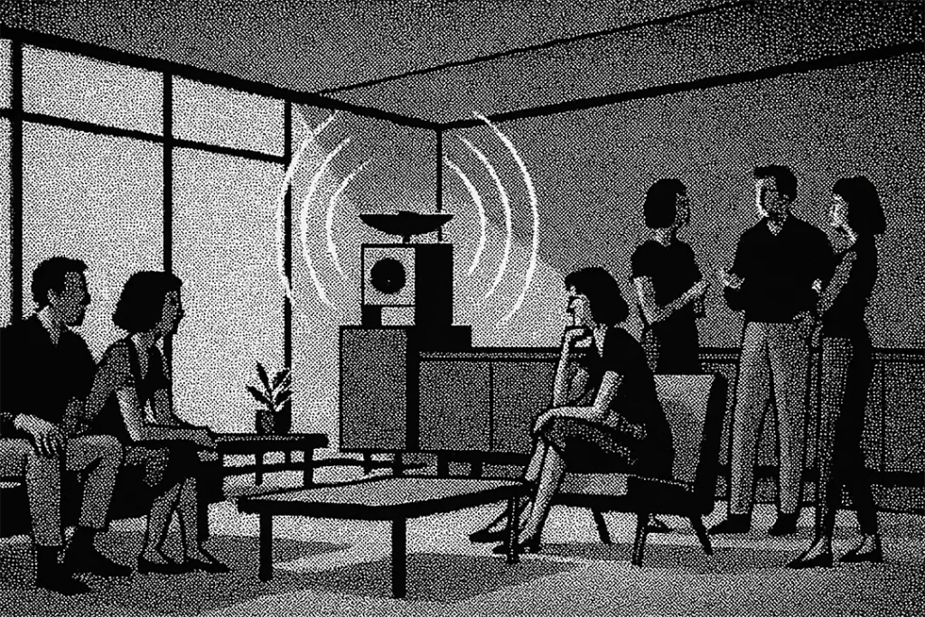 Grupo de personas en una sala escuchando música con el parlante omnidireccional WAW High Fidelity Boombox.
