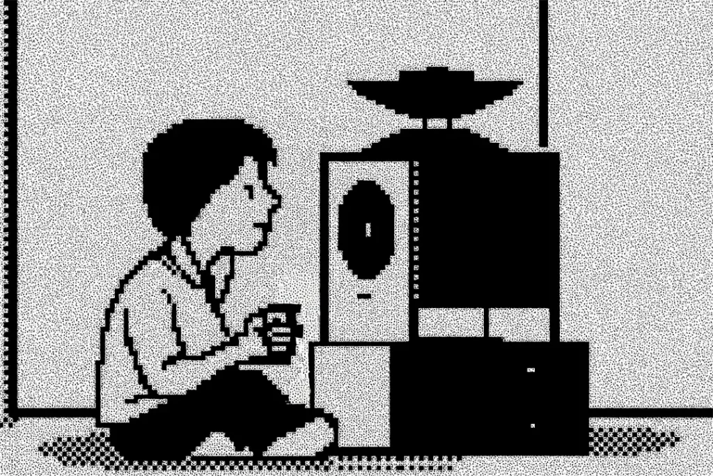 Ilustración digital Joven sentado escuchando música con un WAW High Fidelity Boombox de diseño brutalista.